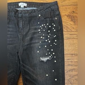 Easel Los Angeles black distressed skinny ankle Pearl Detail Jeans Raw Hem